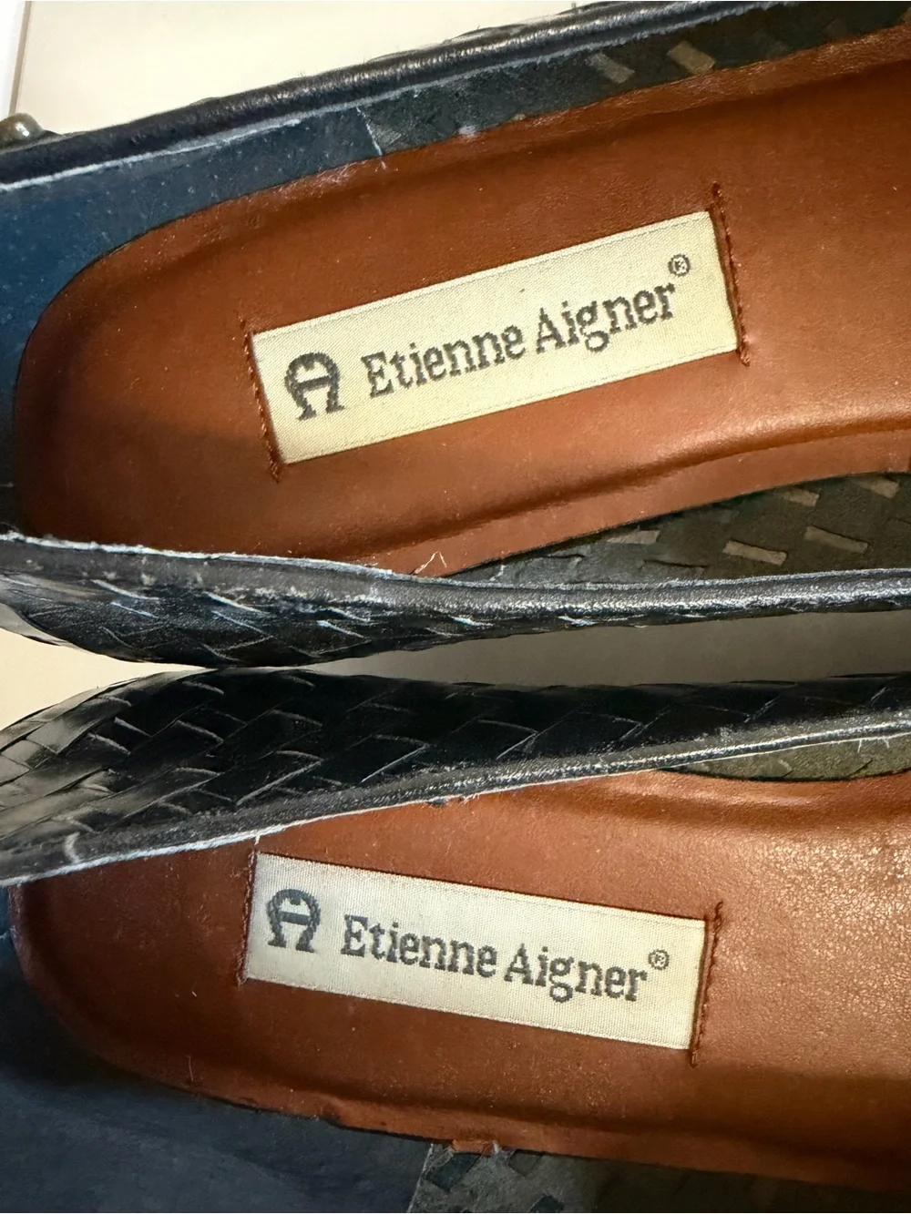 Etienne Aigner Black Woven Weave Leather Slip-On Flats 10M VTG Academia